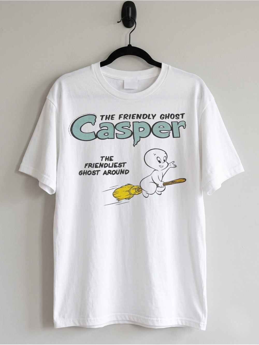 Casper Friendly Ghost Broomstick White Spooky Aesthetic Gildan Reprint Tee
